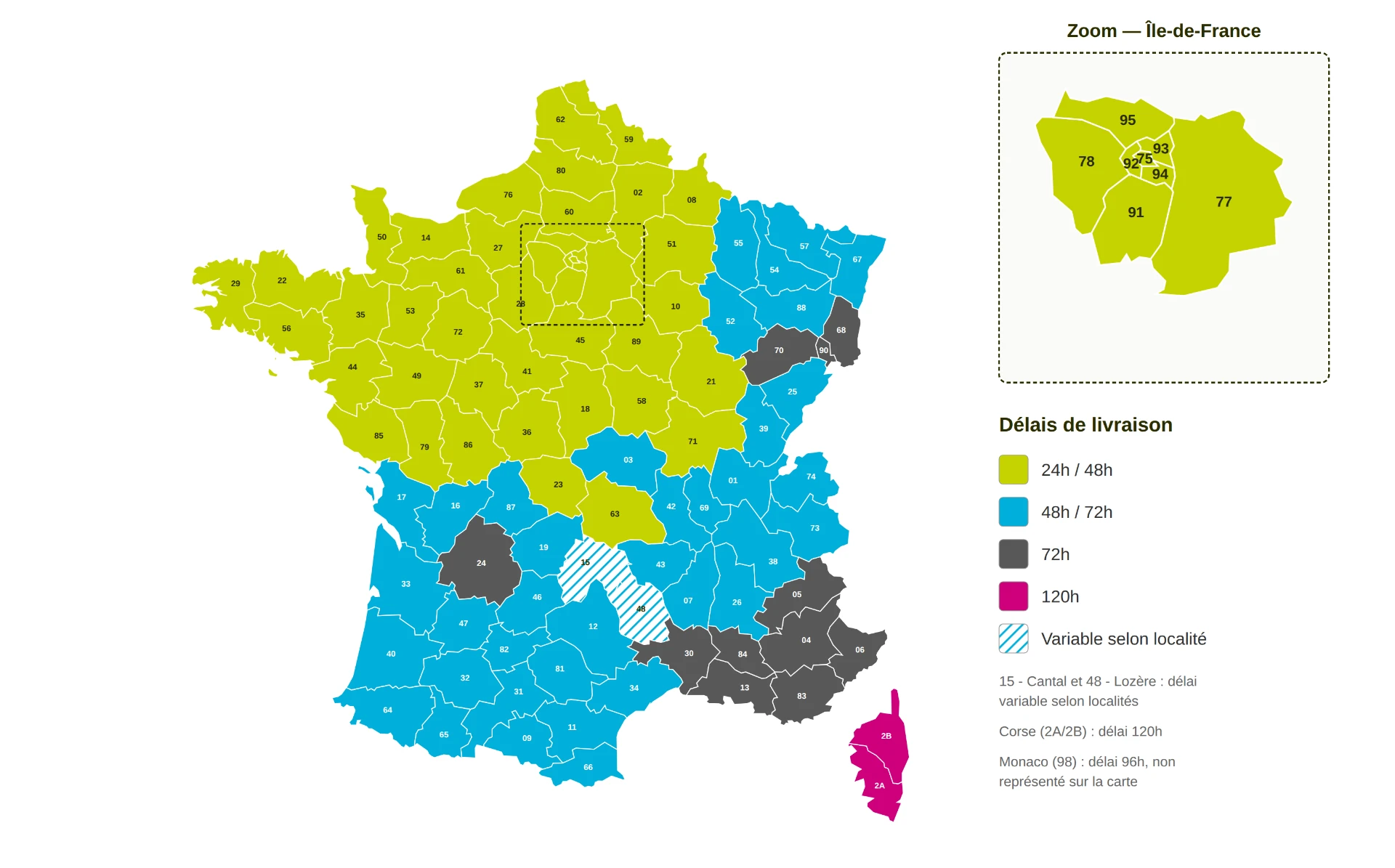 Carte des délais de livraison du réseau FLO Palettes en France