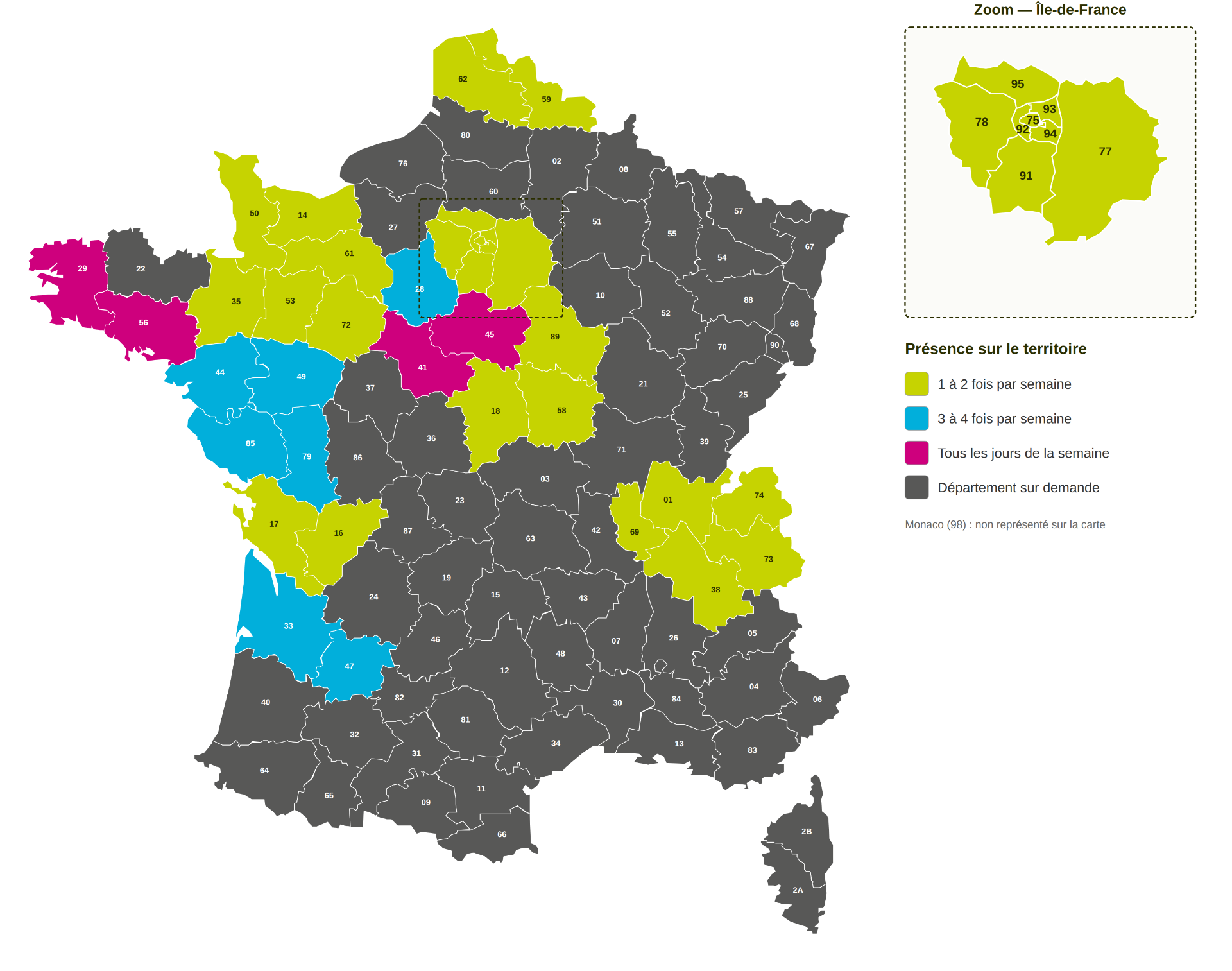Carte de la présence des Transports Poulain sur le territoire français avec fréquences de passage